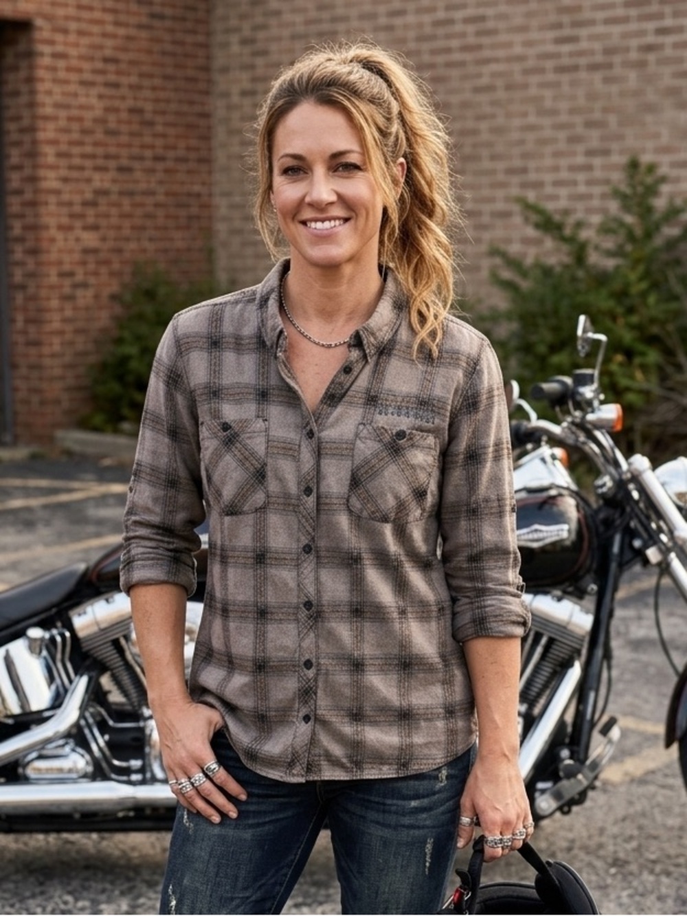 Harley-Davidson Brown and Black Plaid Shirt XL